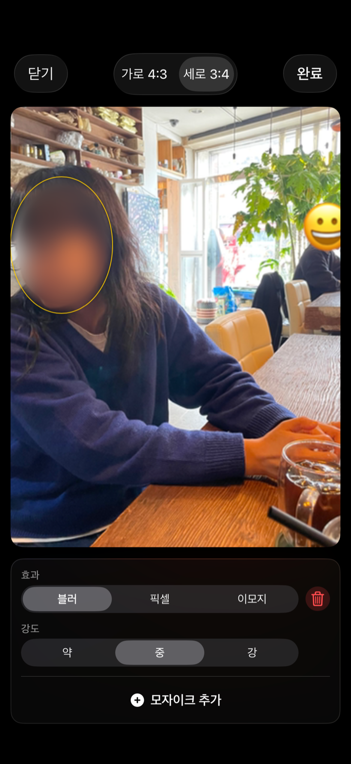 얼굴에 모자이크가 적용된 편집 화면
